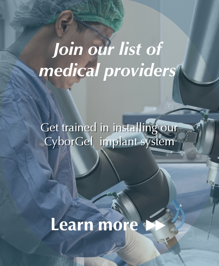 Surgeon performing arthroscopic knee resurfacing using Formae surgical tools for Cyborgel implant system.